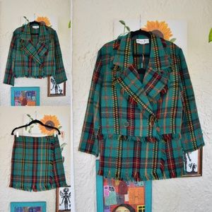 90s forest green red yellow plaid check blazer top + mini skirt (M)